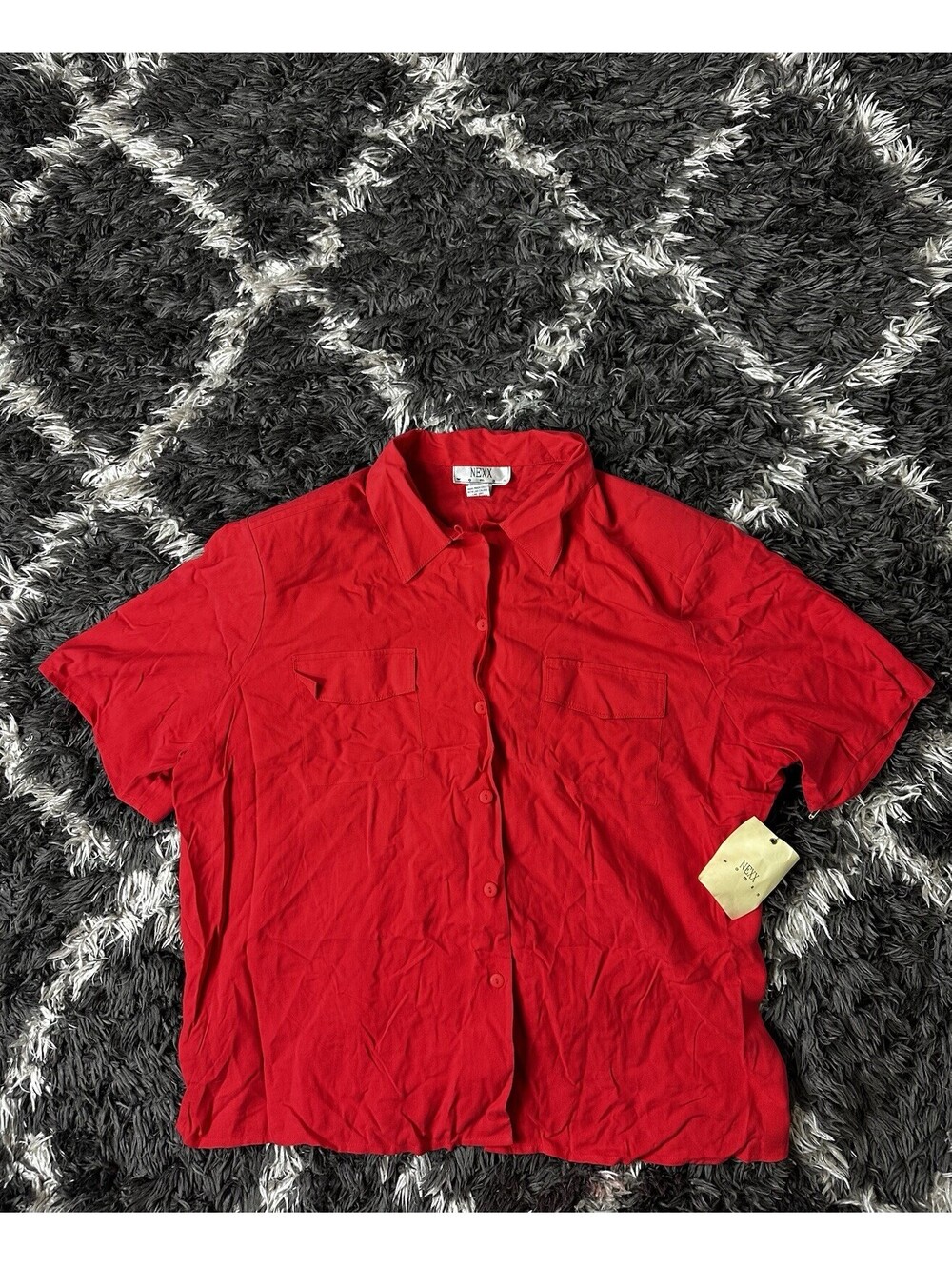 NWT Vintage 90s NEXX Woman Red Silk Short Sleeve Button Up Blouse Size 2X